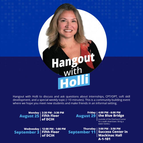 A flyer showing a series of events called "Hangout with Holli." At the top of the flyer is a picture of a woman with blonde hair, wearing a black and red shirt, and smiling at the camera. The flyer lists six dates.